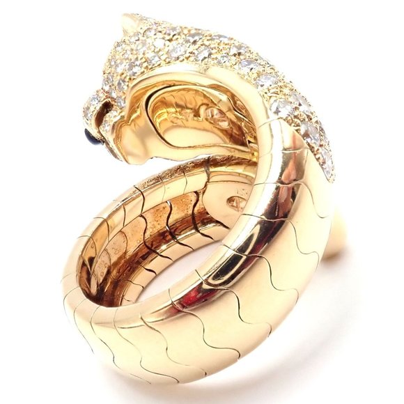 Authentic! Cartier Panther 18k Yellow Gold Diamond Emerald Onyx Band Ring - Picture 4 of 11